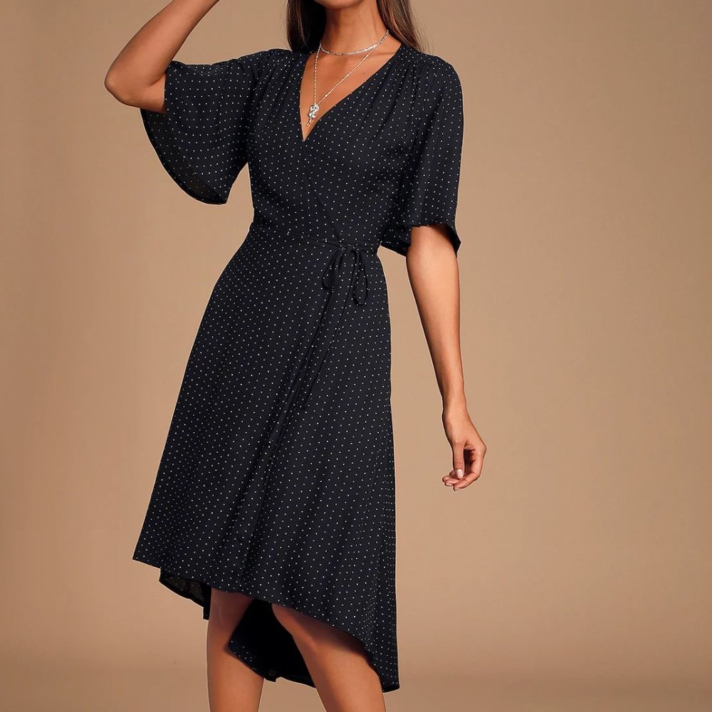 Lulu's Farah Black Print Midi Wrap Dress